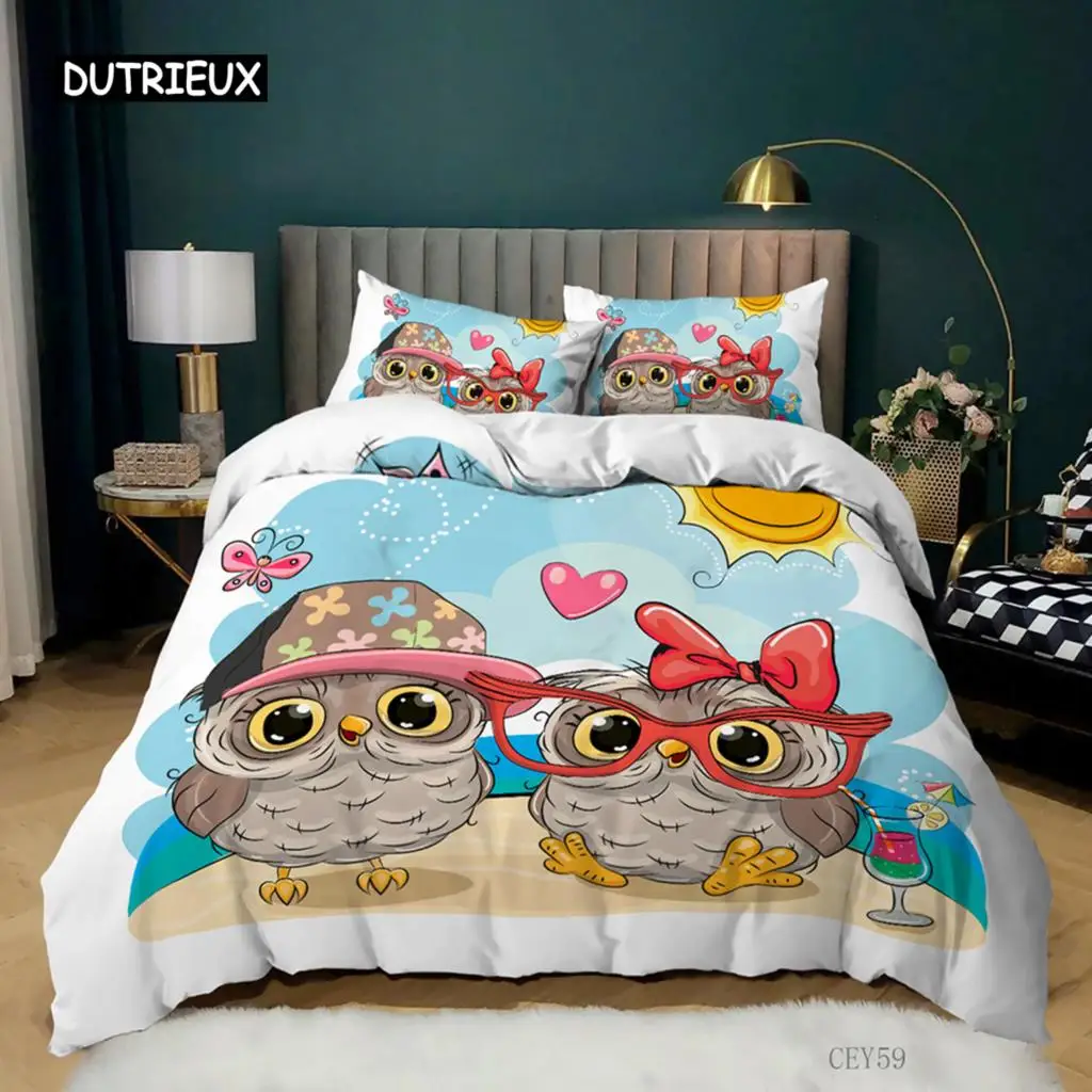 

Cartoon Owl Duvet Cover Set King Size Owls In Love Print Cute Partners Couples Twin Bedding Set Soft Microfiber Comforter Cover