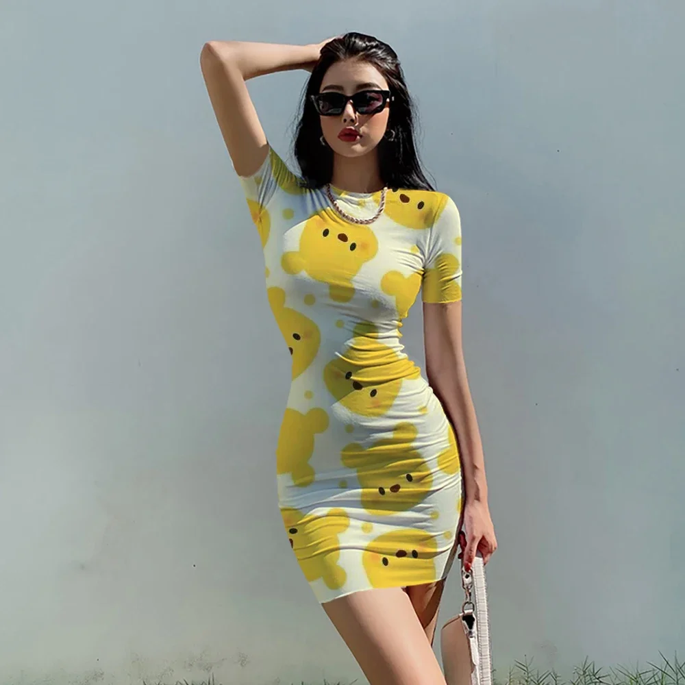 Disney Winnie the Pooh Women Summer Sexy Dress Cartoon 3d Print  Club Party Fashion Dresses Bodycon Short Sleeve Dress Slim