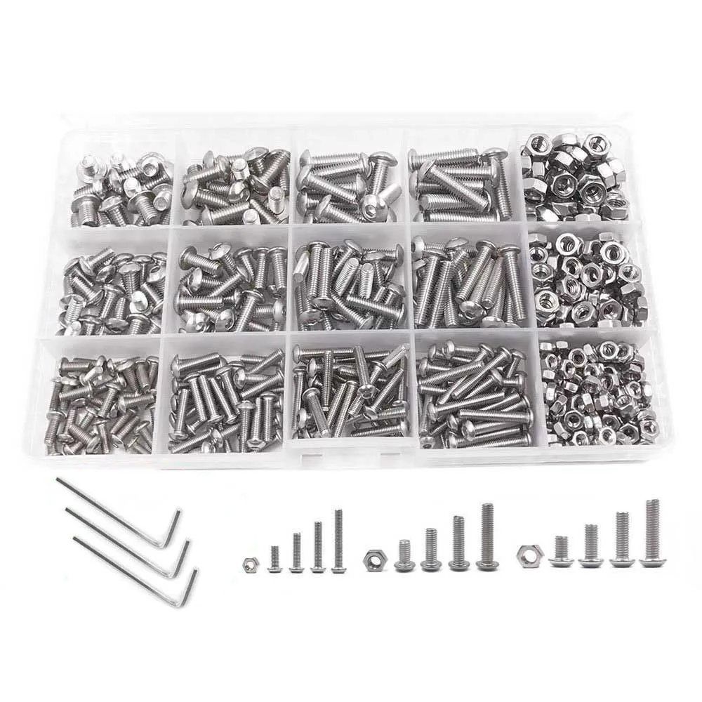 500pcs Stainless Steel Screws Bolts Nuts Kit w Wrench+Box Round Head Hexagon Socket Screw M3 M4 M5 Fastener Hardware Accessories