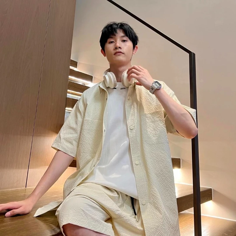 Men's 2 Piece Casual Shirt Set Summer Loose Fit Utility Outfit Breathable Sports Sun Protection Top & Bottom