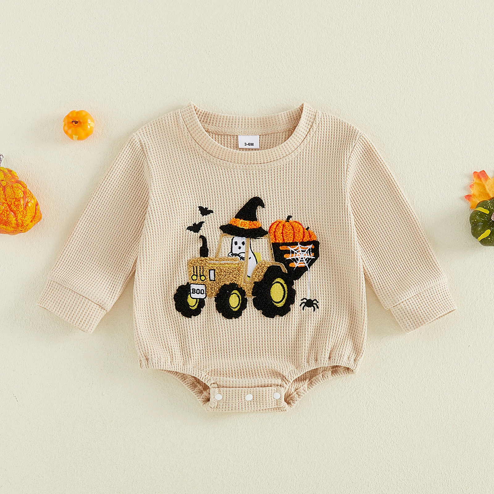 Baby Boy Waffle Romper Long Sleeve Embroidery Ghost Pumpkin Fall Bodysuit Halloween Clothes