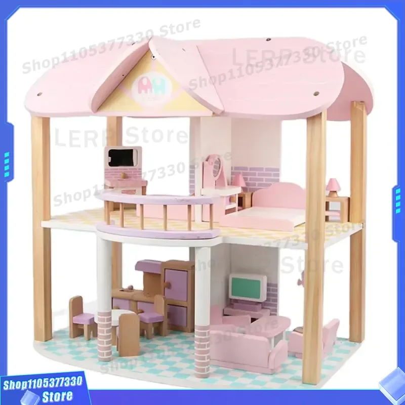 Wooden Doll House Mini Villa Furniture Set Patchwork Toy Model for Kids Children Educational Playhouse Gift Suitable 0-24