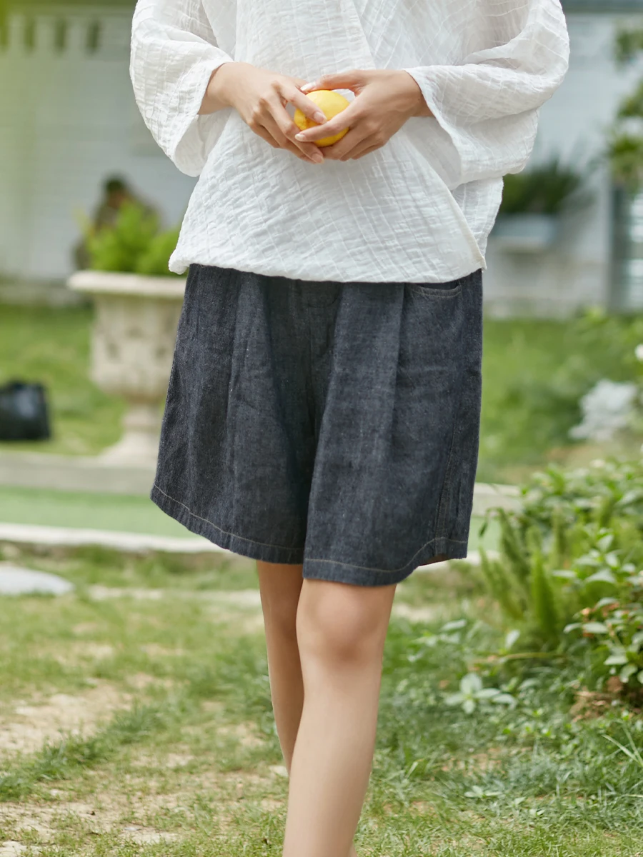 

Summer Casual Pure Linen Denim orts Women's Loose Fit Elastic Waist Waed Blue Jeans Flat Front mal Stretch