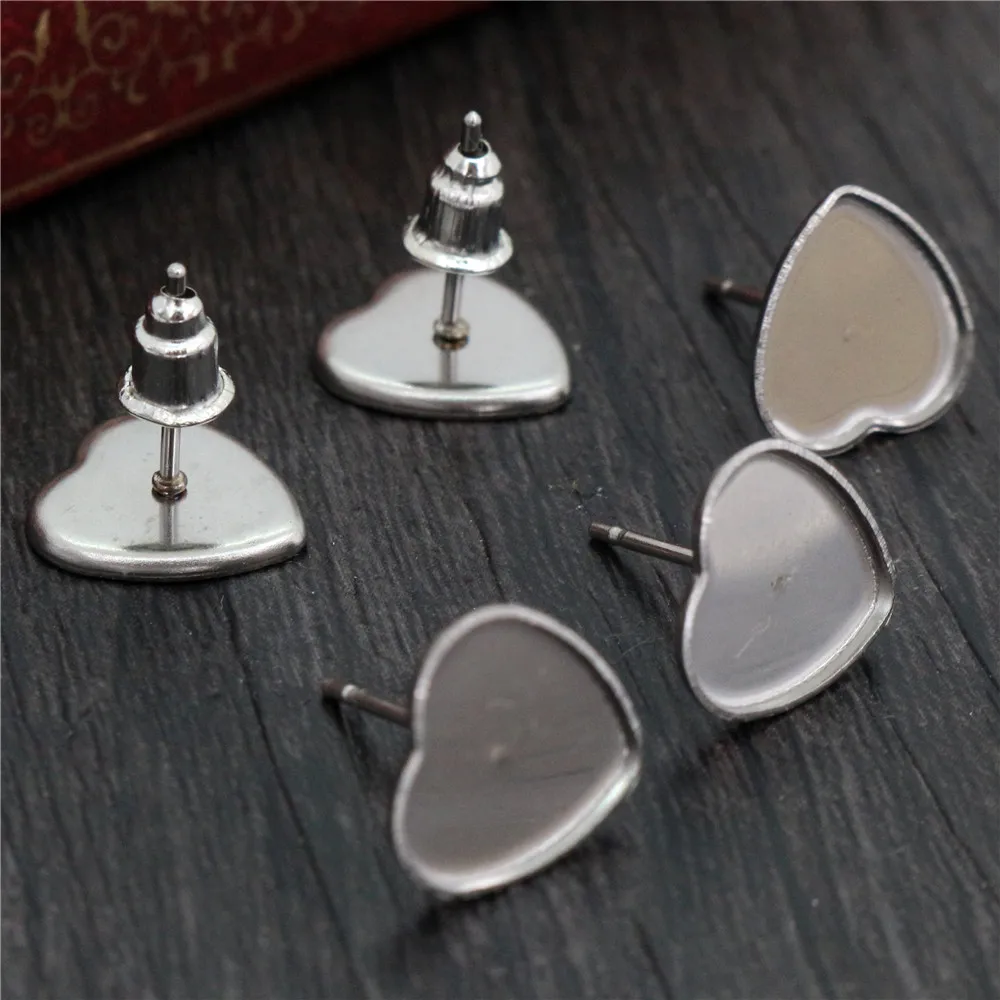 (Never Fade) 20pcs 10mm Heart Stainless Steel Earring Base Studs Ear Cameo Settings Cabochon Base Tray Blank (With Back)-T5-44