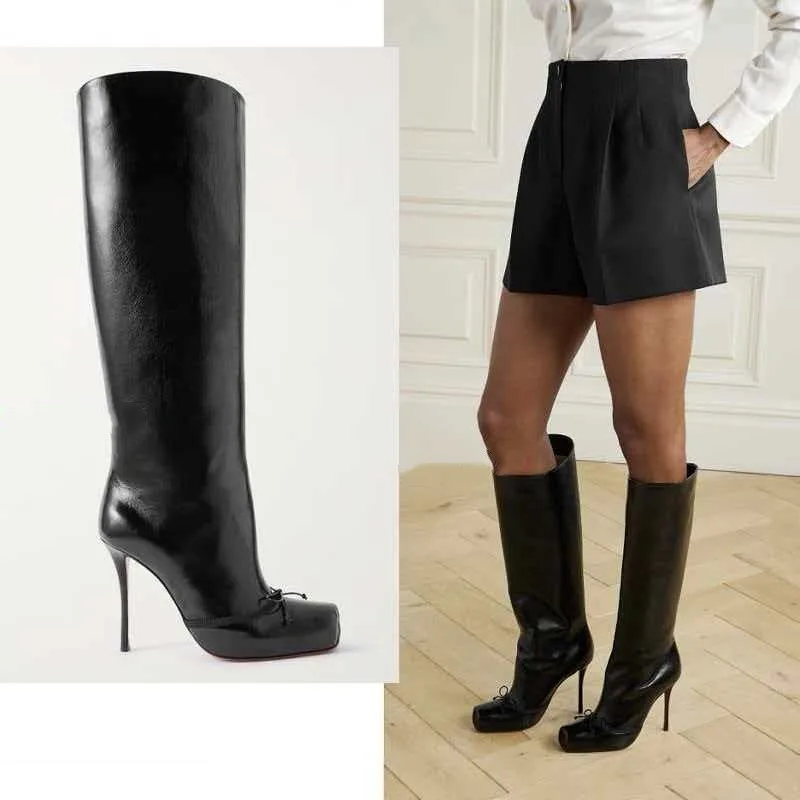 

European and American Style Square Toe High-heeled Butterfly Bow Knee High Boots for Women, High-quality Motorcycle Runway Shoes