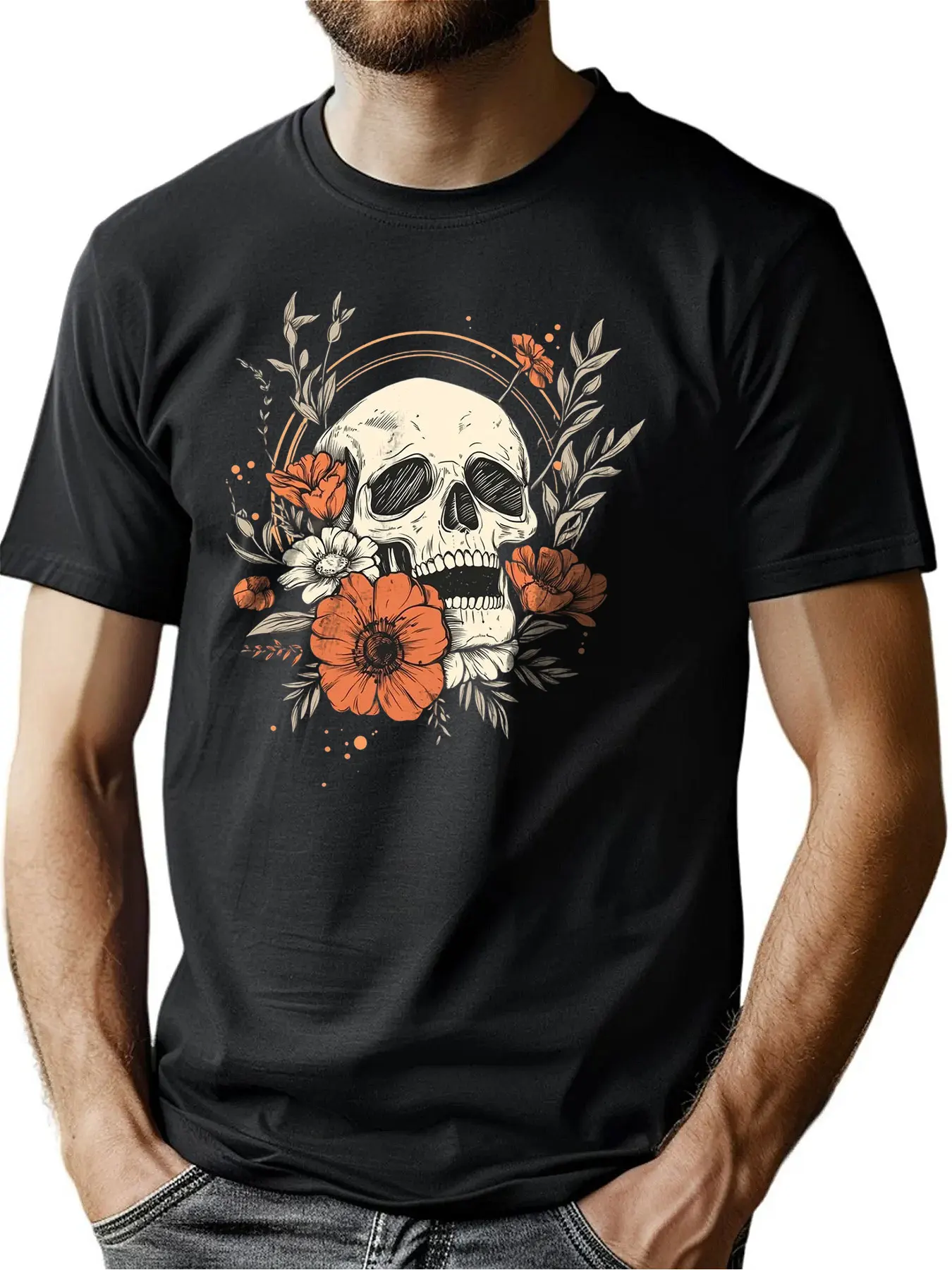 

Premium Cotton Men's Crew Neck Tee With Skull Floral Print Thanksgiving Gift Outdoor Comfort Machine Washable For Men