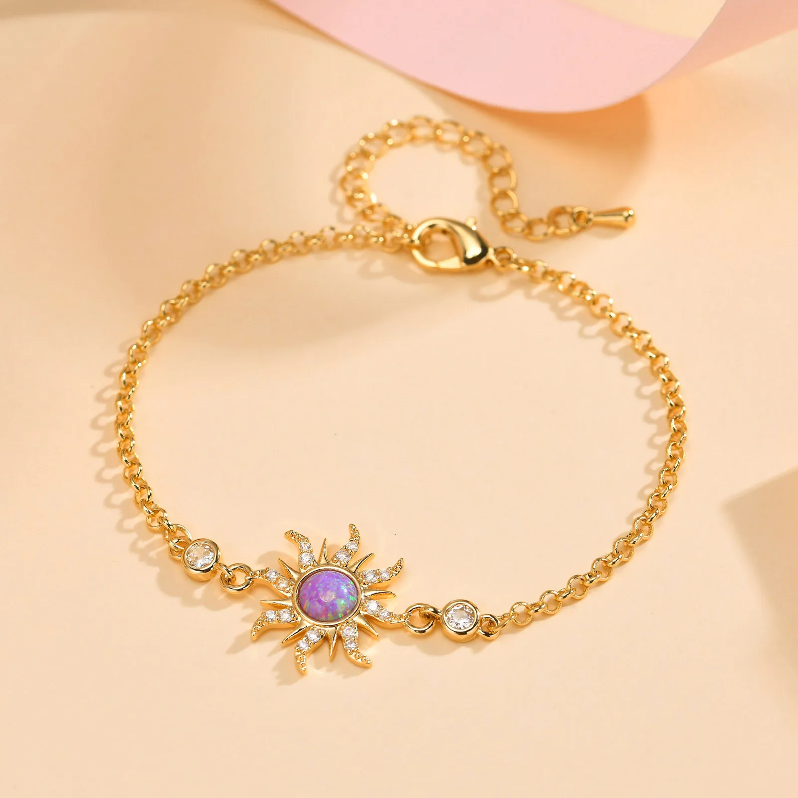 Vnox Purple Opal Stone Sun Charm Bracelets for Women Girls, Gold Plated Copper Cable O Chain Wristband, Cubic Zirconia Jewelry