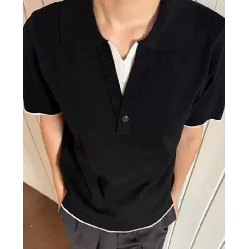 Niche Design Women Summer Polo Collar Button Knit Short Sleeve Tops Regular Shoulder Casual T-shirt