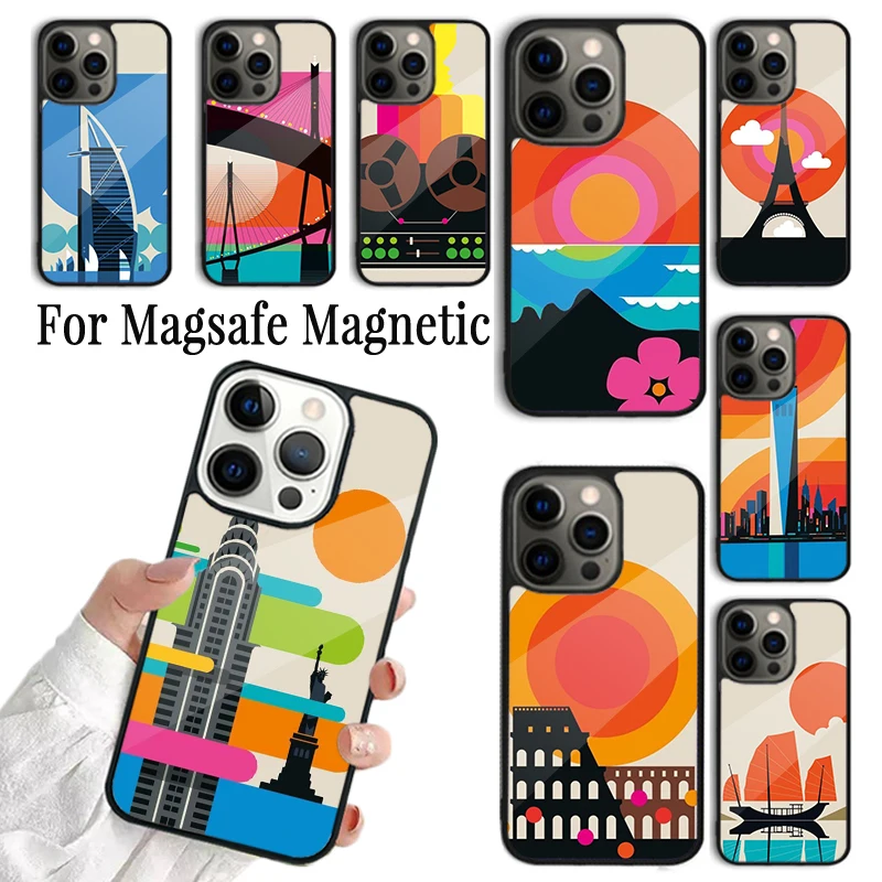 Funda para Teléfono con Diseño Artístico de Londres, Roma, Nueva York y Otros Países, Compatible con iPhone 17 AIR 16 15 14 13 12 11 Pro Max Plus, Magnética Inalámbrica Magsafe