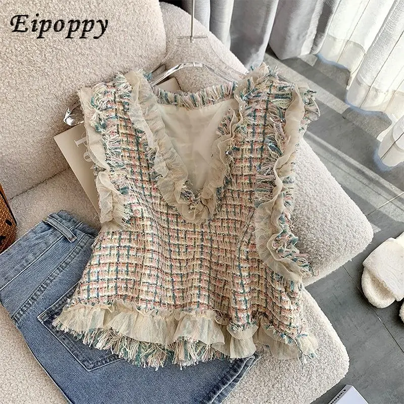 

Vintage Tweed Vest Slim Crop Tops Autumn Colete Feminino V Neck Knitted Plaid Vest Sweater French Waistcoat Ruffled Blouse