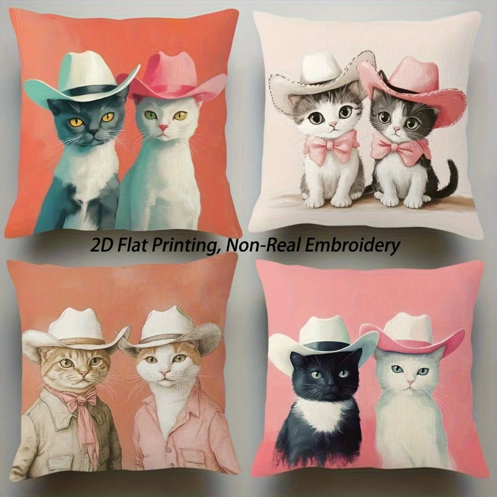 

4 шт. наволочки с цифровой печатью в стиле ковбойского кота, короткий плюш, подходят для гостиных, спален, диванов, чехлы для декоративных подушек.
