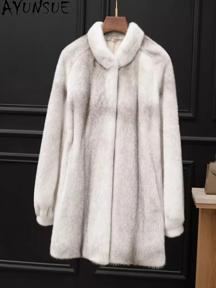 AYUNSUE Whole Mink Fur Coat Woman Mid-length Stand-up Collar Tops Winter Fur Coats Korean Style Outerwears Woman Clothes шуба