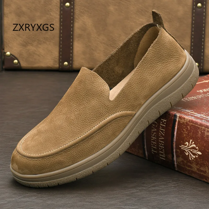 ZXRYXGS 2025 Top Cowhide Full Real Leather Shoes Men Casual Shoes Flat Soft  Sole Comfortable Temperament Trendy Shoes Big Size