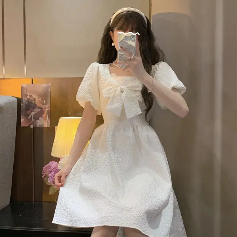 Casual Puff Sleeve Fairy Dress White Women\'s Dresses High Quality Cute Kawaii Fashion Preppy Loose Y2k Fairy Grunge Baby Doll