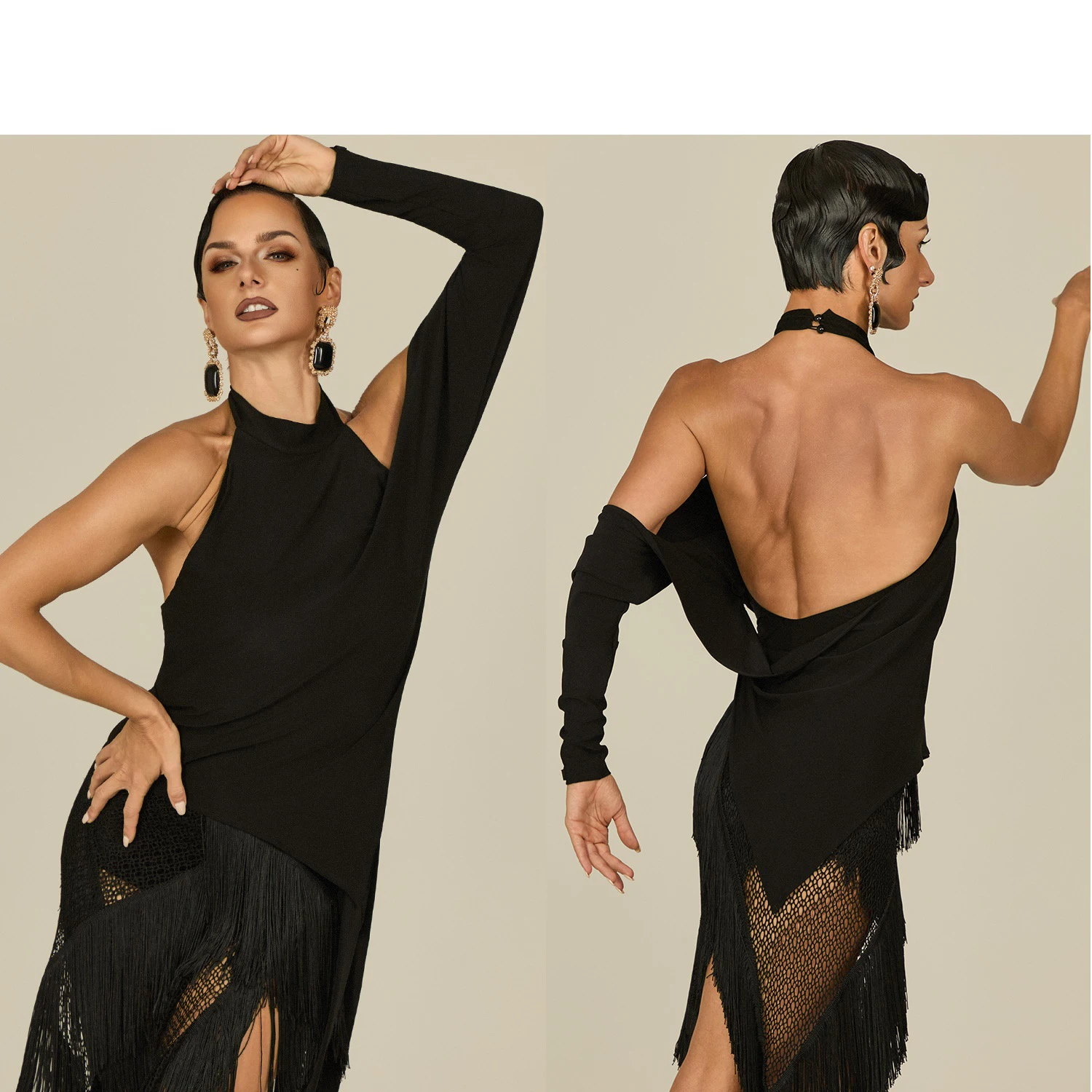 

Черная одежда для латинских танцев, женский костюм для выступлений, нерегулярные топы, сетчатая юбка с бахромой, сексуальное платье для латинских соревнований для взрослых, DNV25900