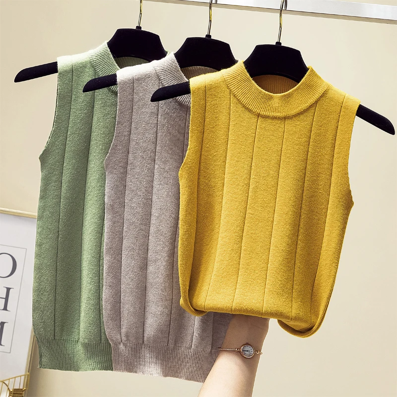 

Half Turtleneck Striped Knitted Tank Tops Women Clothes 2022 Fashion Summer High Elasticity Sweater Womens Vest Vetement Femme