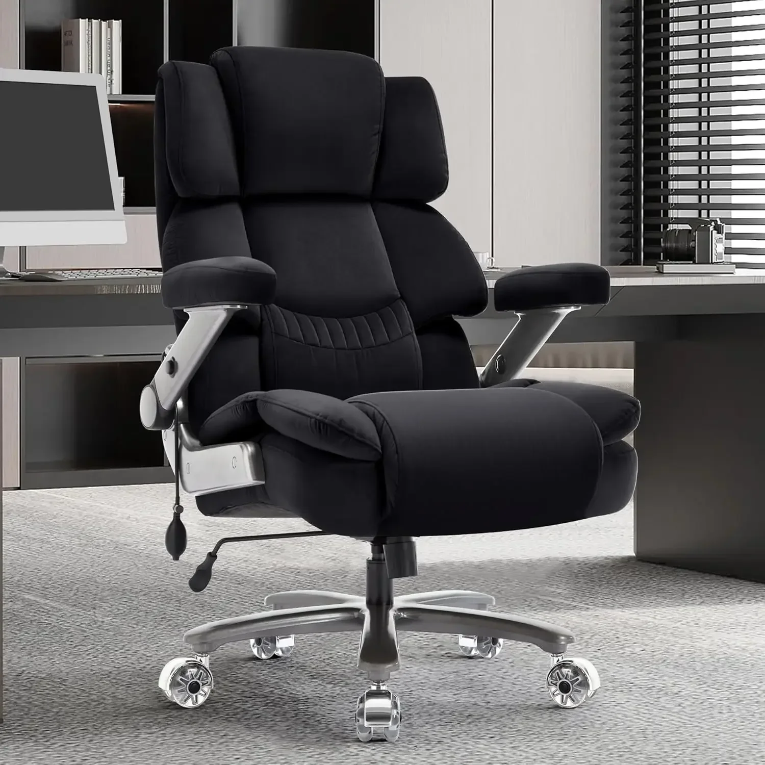 Office Chair 500lbs- Fabric High Back Executive Computer Chair with Adjustable Lumbar Support 3D Flip Arms Plus Rubber Wheels