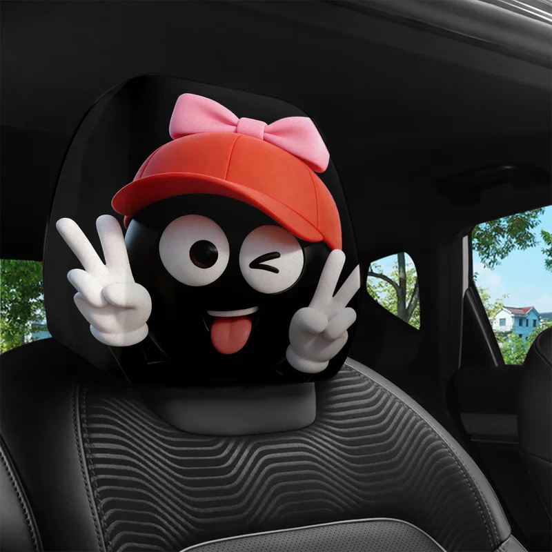 1/2Pcs Car Headrest Covers, Cute Cartoon Wink Emoji Print With Red Cap & Pink Bow, For Fun Car Interior Decor