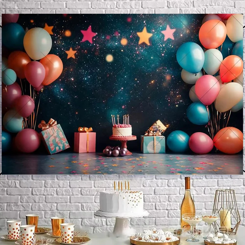 Happy Birthday Party Hintergrund für Fotografie, Galaxie-Planeten-Ballons, Kindergeburtstag, Babyparty, Cake Smash Deko, Fotohintergrund
