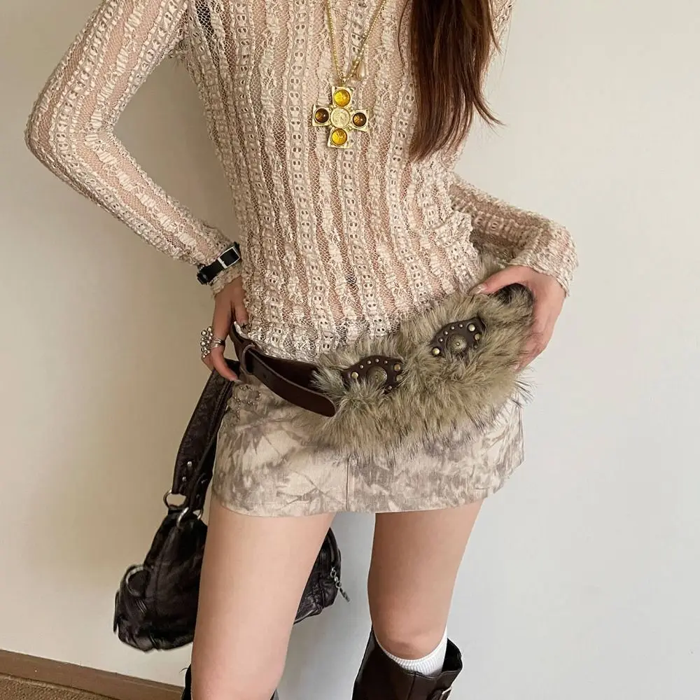 

PU Leather Leather Fur Belt Spicy Girl Style Faux Fur Furry Waistband Versatile Jeans Decor Y2K Waistband Dress Decoration