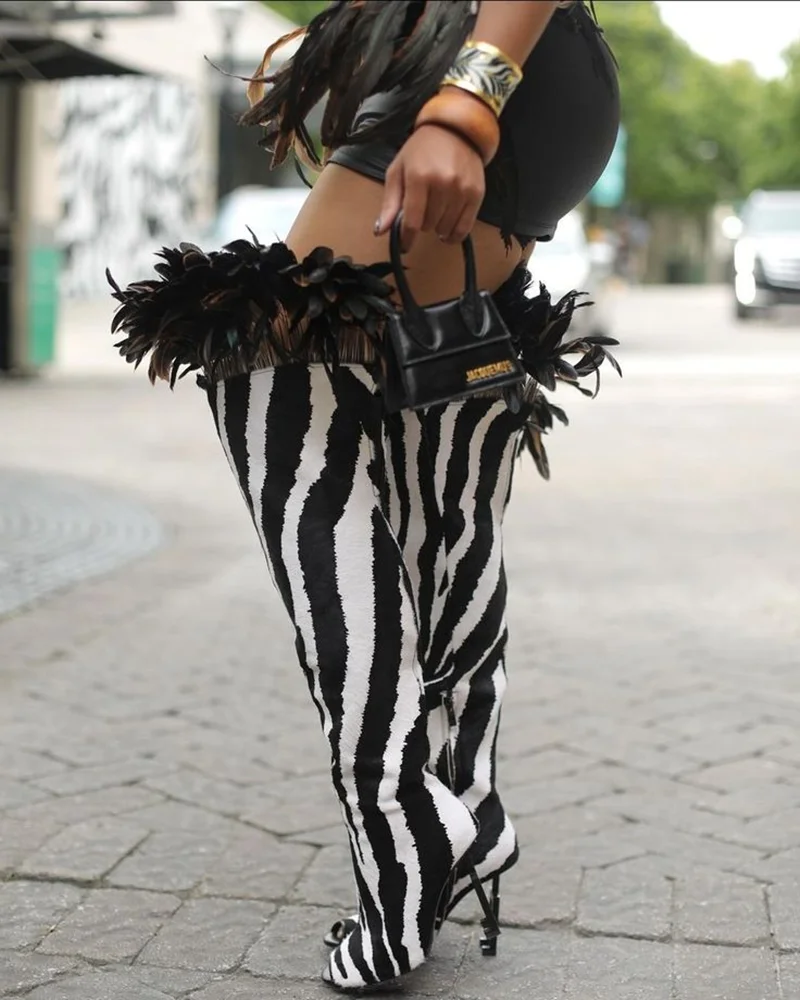 

Sexy Open-Toe Black and White Printed Over-the-Knee Boots Geometric Block Heel Unique Feather Embellishment Women's Boots