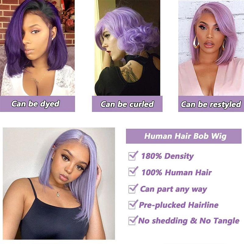 13X4 Short Bob Purple Wigs HD Transparent Straight Lace Frontal Wig for Women13X4 Short Bob Purple Wigs HD Transparent Lace