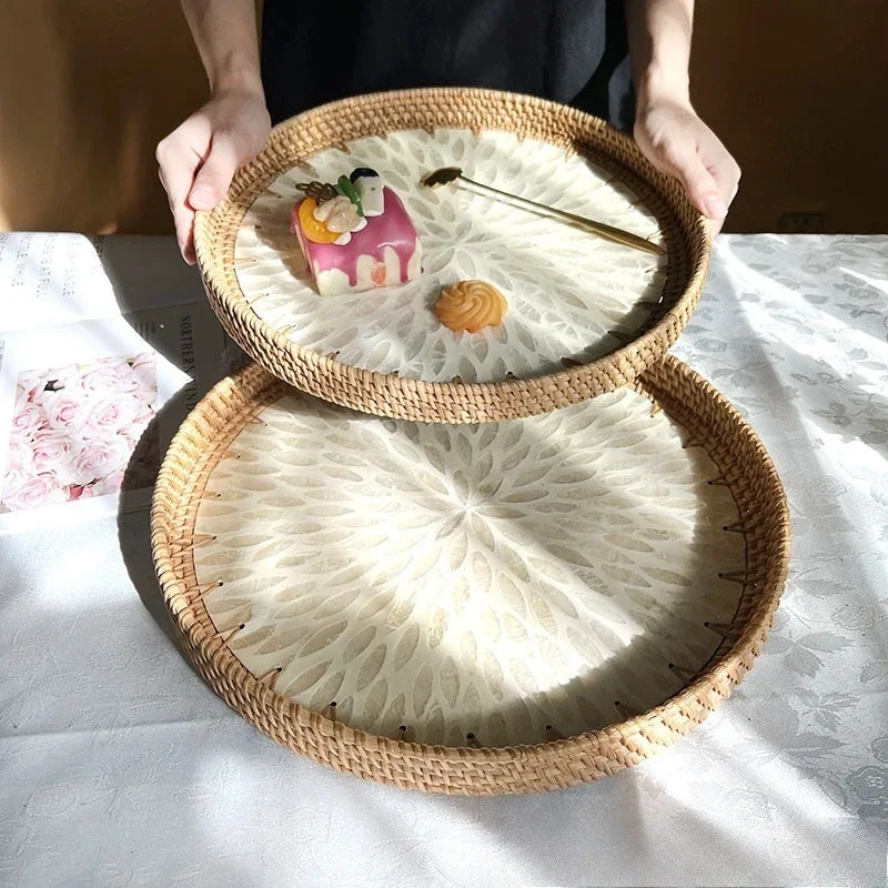 Handwoven Rattan Serving Tray 34cm, Natural Shell Wave Design Fruit Snack Bread Basket, Home Decor for Living Room Dining Table