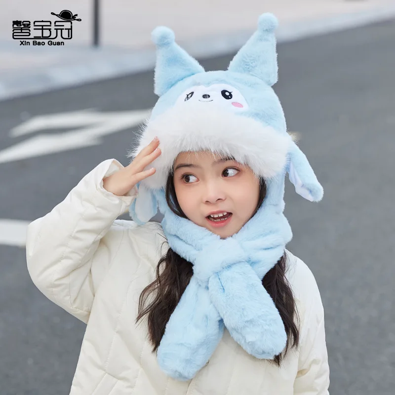 Sanrios Child Hat Ear Able To Move Cute Scarf One-Piece Cap Winter Kuromi Kawaii Cartoon Outdoor Keep Warm Tab Pullover Hat