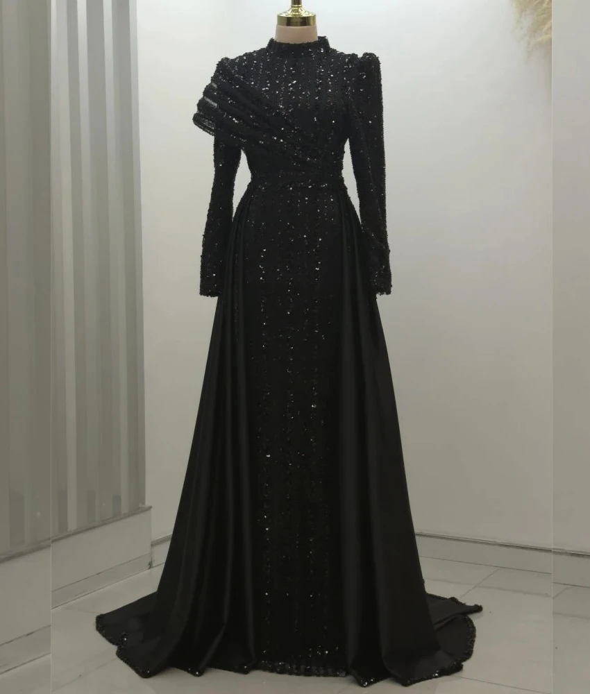 

MCDV Customized Graceful Sequined A-Line Beading Evening Dress Temperament High Collar Long Sleeves Floor Length Party Gowns