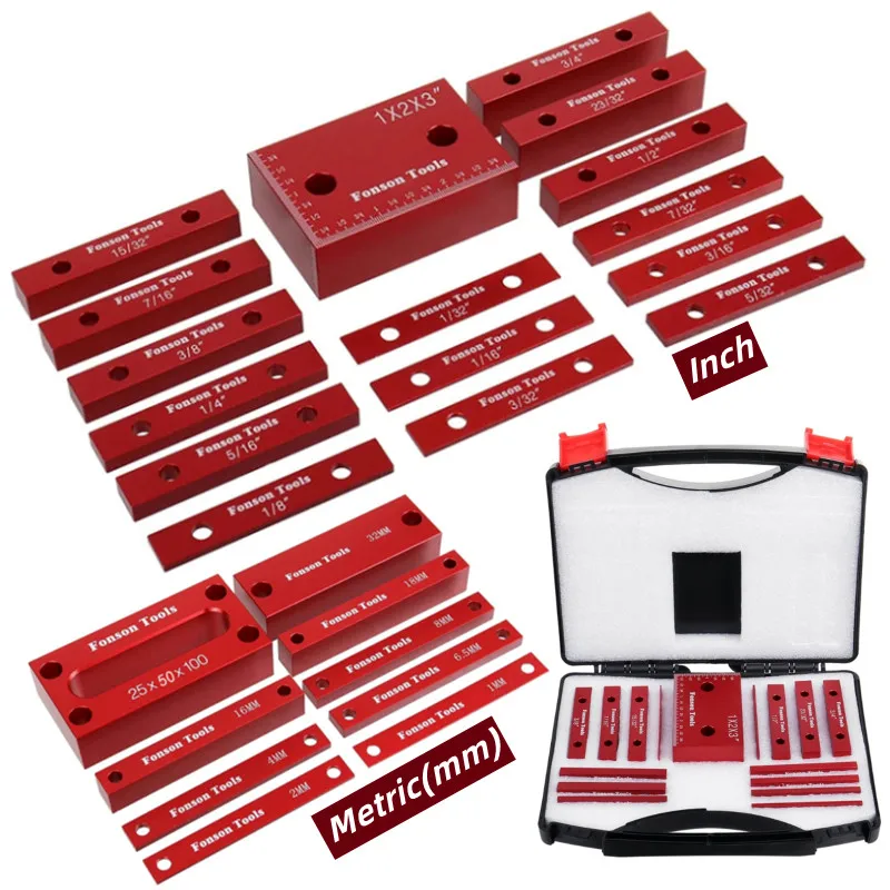 16Pcs Inch Setup Blocks Height Gauge Set, 9Pcs Metric Precision Aluminum Setup Bars for Router and Table Saws Woodworking Set Up