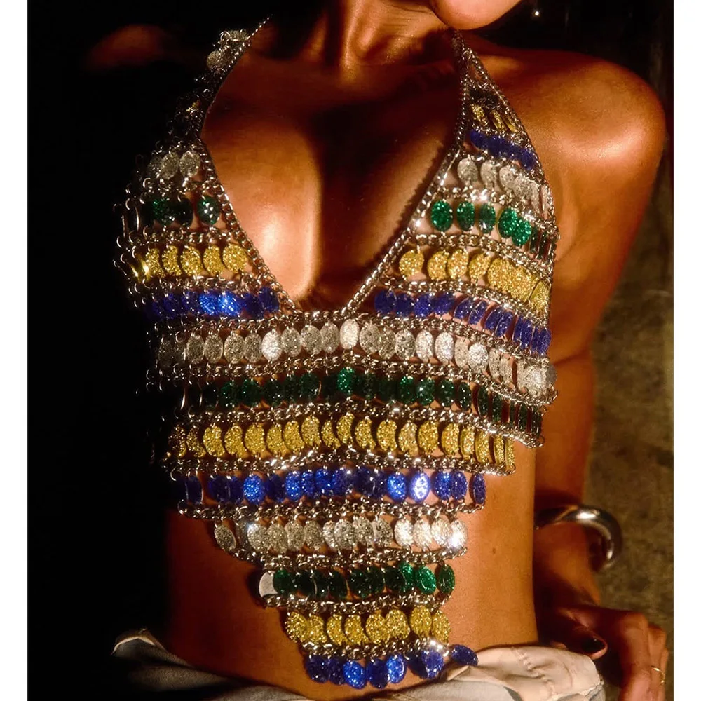 2026 Rave Outfit Multicolor Crystal Beaded Girl Crochet Sequin Top Deep V Neck Sparkle Rhinestone Festival Body Chain Halter Top