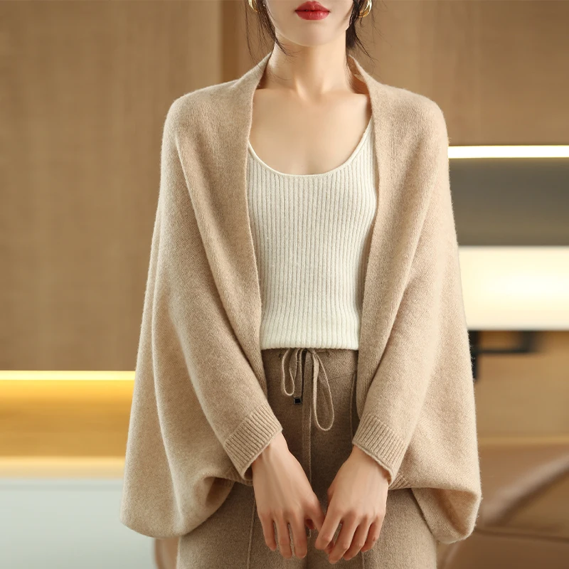 100% Merino Wool New Fashion Spring Cardigan Women\'s Elegant Soft Knit Shawl Korean Style Shawl Loose Solid Color Scarf