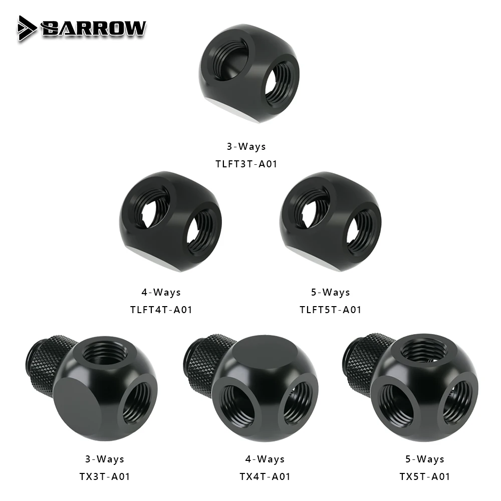 BARROW 3/4/5-Way Spherical Fittings G1/4 Threaded Adapter Brass T-Type Rotary Ball Cube Connector for PC Water Cooling TLFT5T-A0