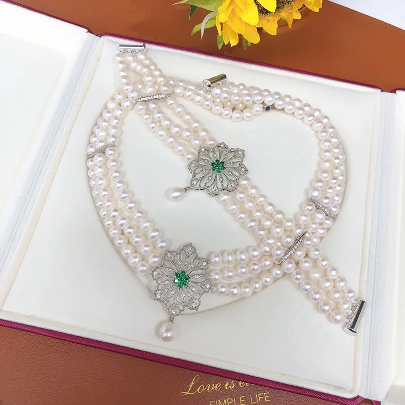 Freshwater Pearl Necklace & Bracelet Set, French Vintage Multi-Layer Design, Timeless Elegance for Romantic Style