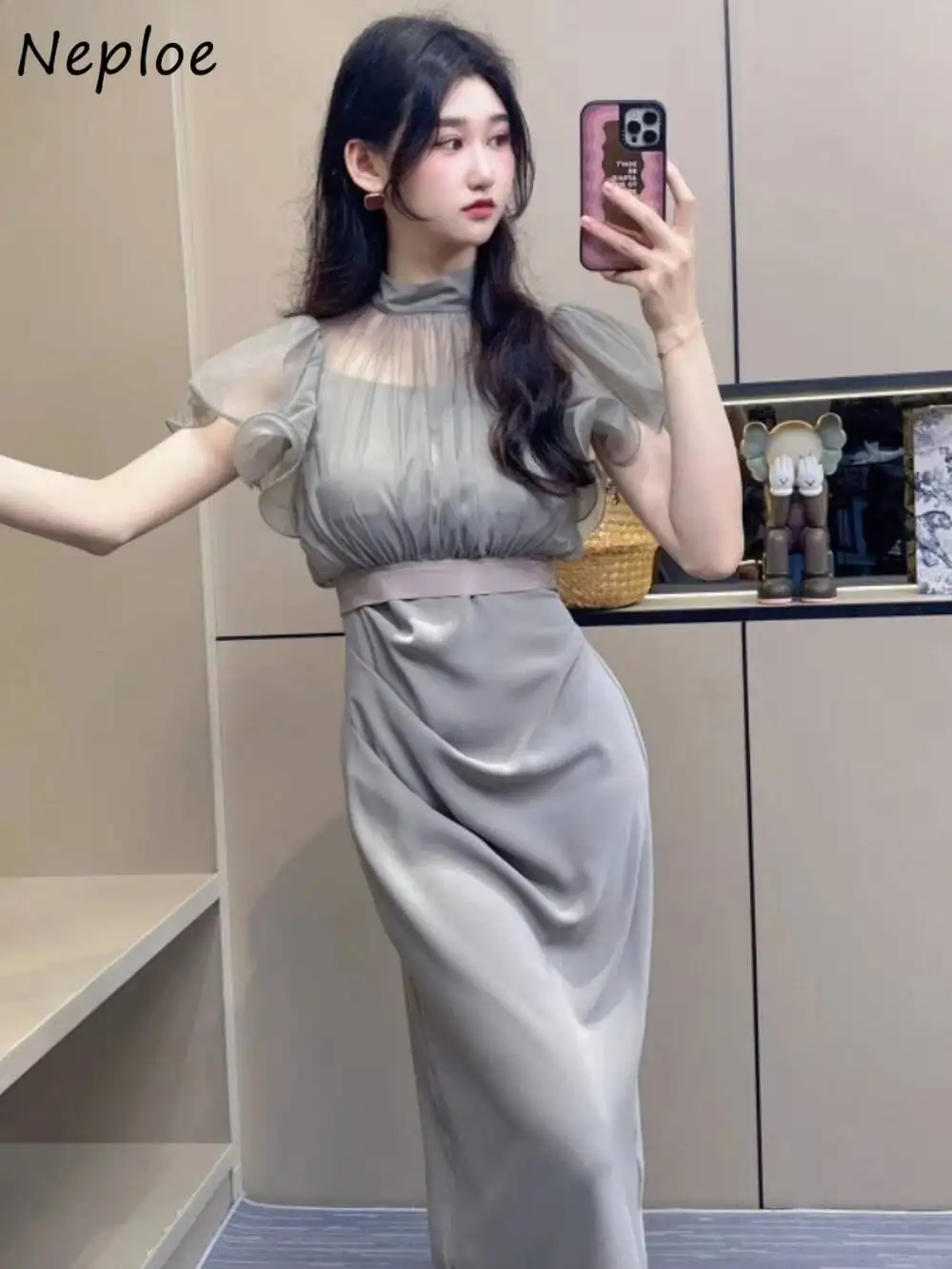 Elegante fino celebridade meia manga gola mujer chiffon fungo retalhos blusa japão estilingue sólido novo vestido