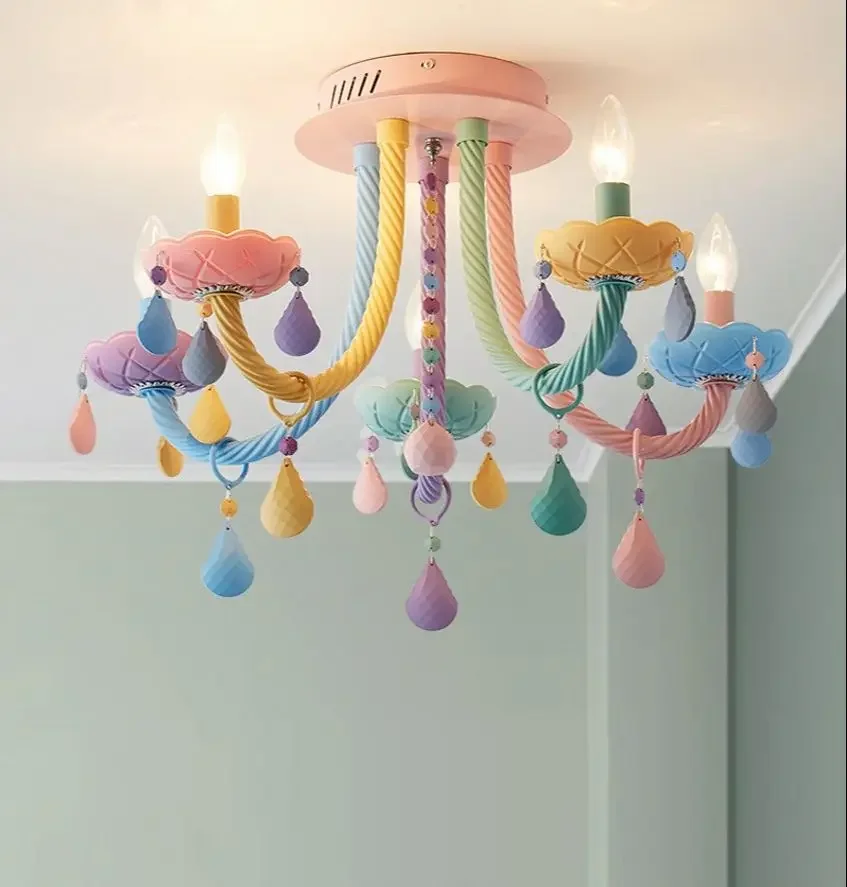 

2023 European Rainbow Crystal Chandelier Children's Bedroom Princess Makaron Lamps Lighting