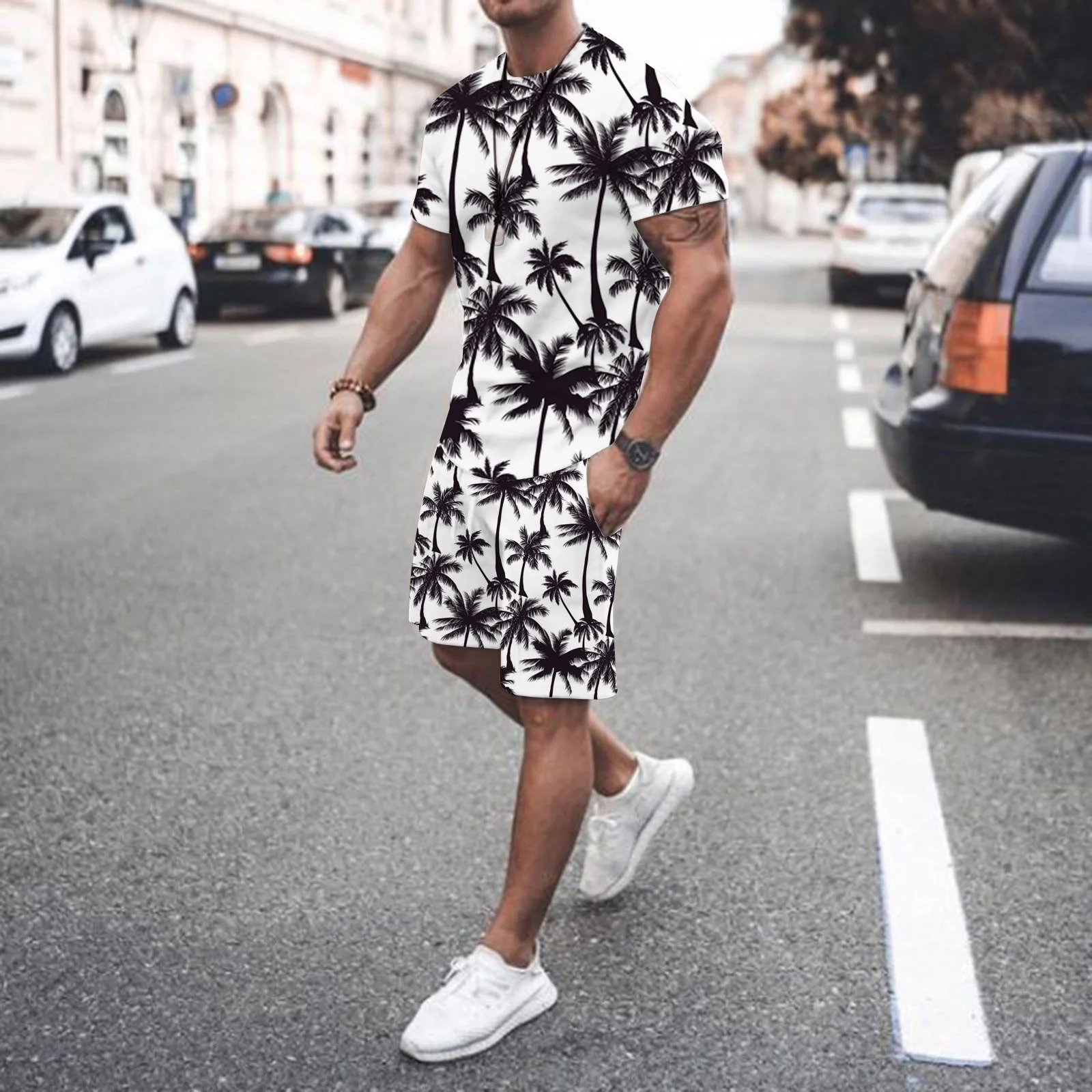 2024 Nowy letni garnitur męski Casual Fashion Printed T-Shirt + Beach Shorts Suit Męska koszulka z dekoltem 2-częściowa azjatycka odzież y2k