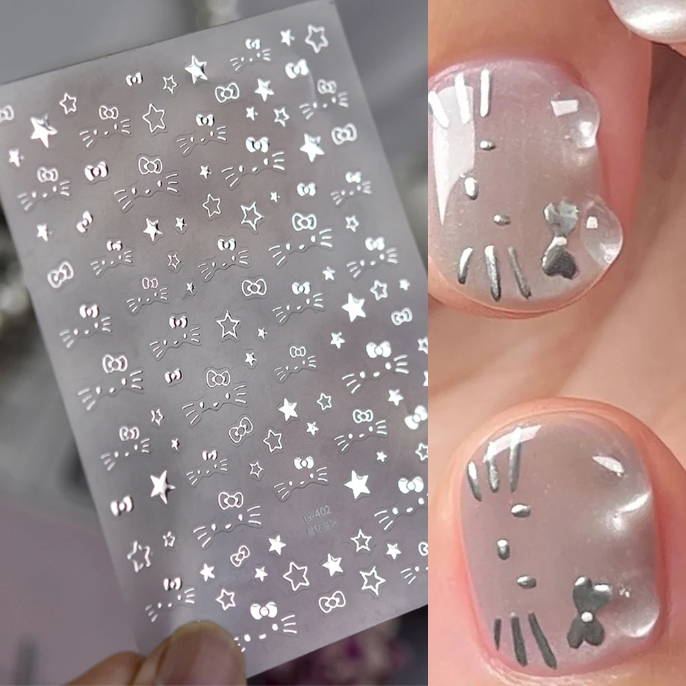 5D لامع الفضة لطيف مرحبا كيتي مسمار ملصقات Y2K كيتي القط الوجه الانحناء ستار Kawaii مسمار الشارات ذاتية اللصق مانيكير اكسسوارات #5