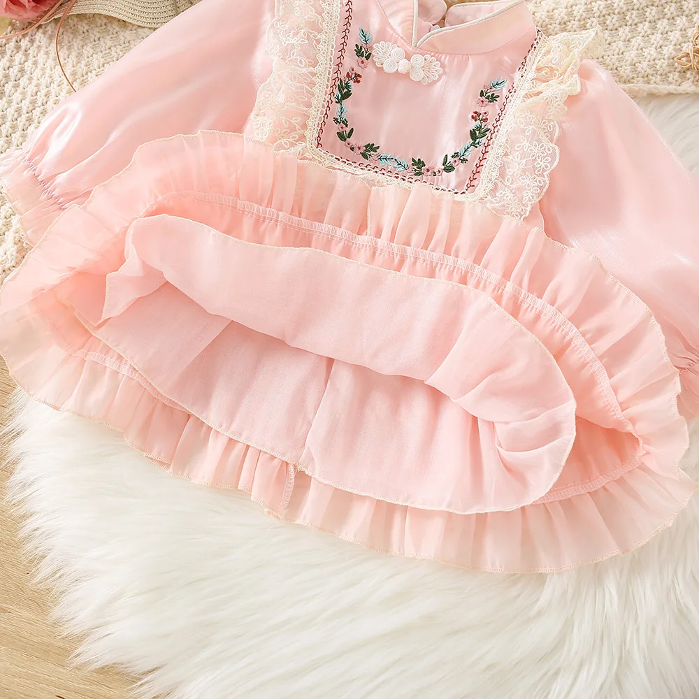 Spring and autumn girls long sleeved dresses baby girls embroidered button up stand up collar solid color lace princess skirt