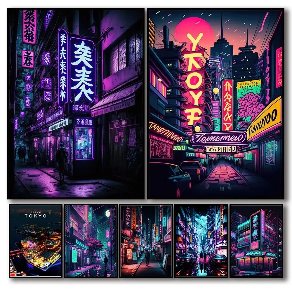 Neon cyberpunk tóquio cartaz estética cidade tour colorido noite pintura em tela cartaz arte da parede imagem decoração do quarto