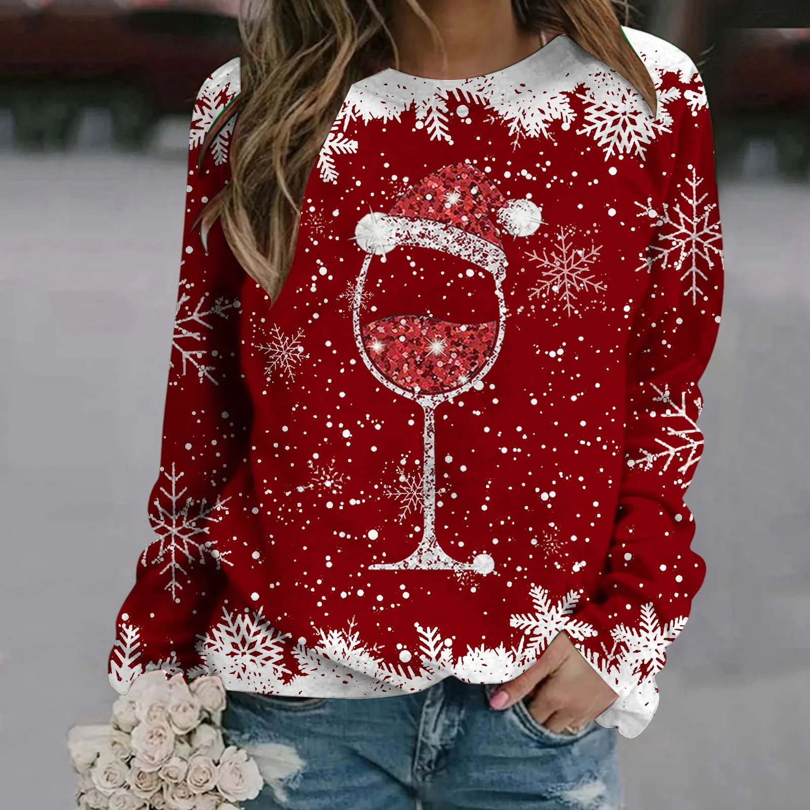 

Snowflake Print Christmas Sweatshirt Round Neck Long Sleeve Xmas Women Pullovers Top Wine Glass Sweatshirt Loose Hoodies