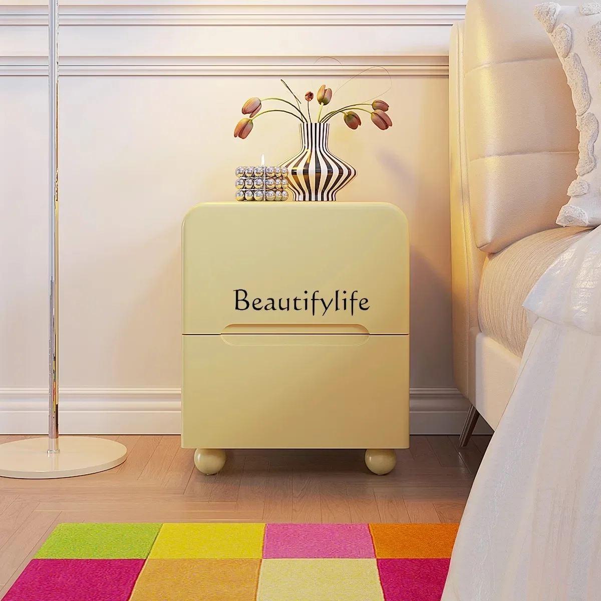 

LJYDopamine French Cream Wind Solid Wood Bedside Table Simple Wabi Sabi Storage Locker