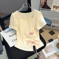 Summer Tshirt Hip-hop Loose  Bow Crop Top Harajuku Loose Casual Chic Short sleeve Crop Top Women Casual Streetwear Clothing chic