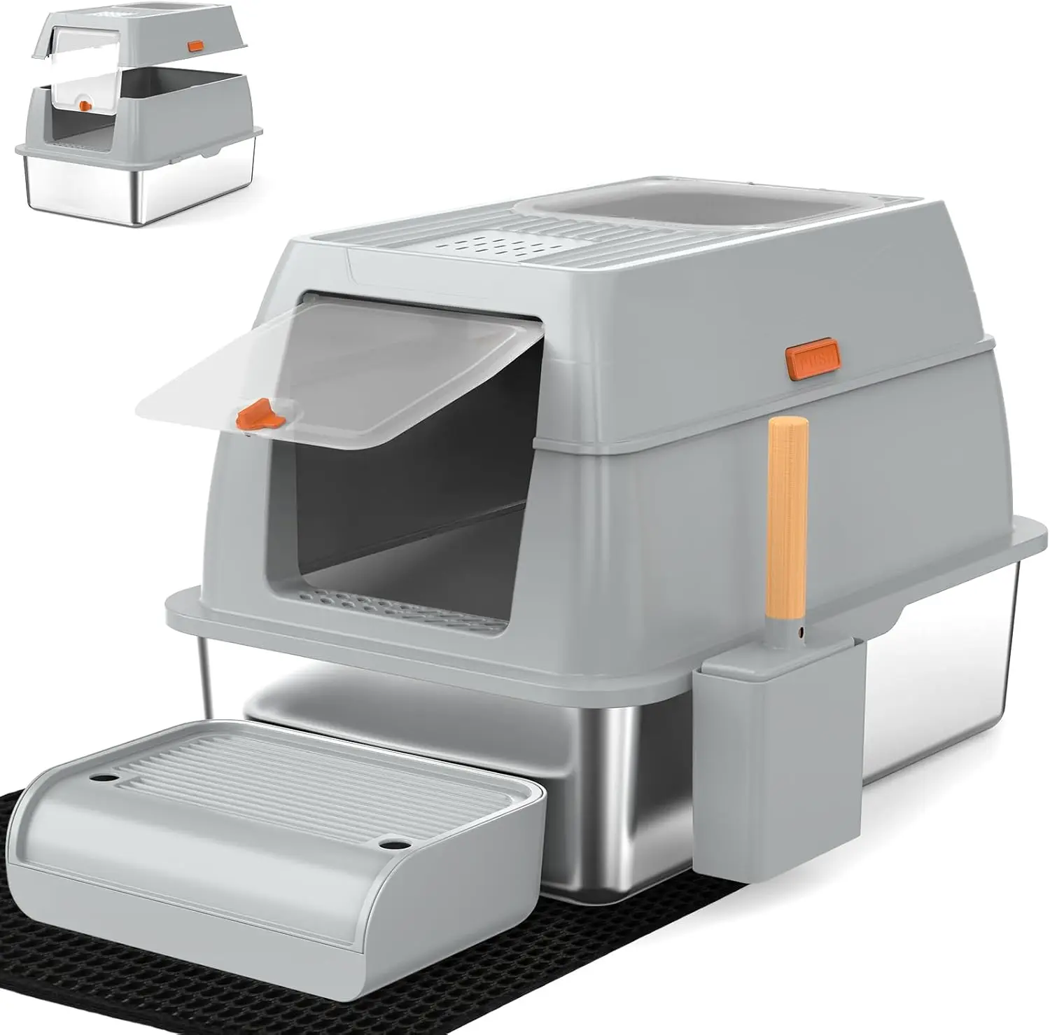 

XL Stainless Steel Cat Litter Box, Top Exit, Odor Control, Easy Clean with Mat & Scoop