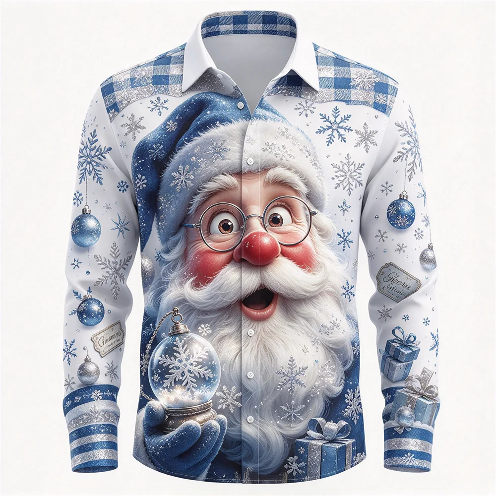 Autumn Winter Men Ugly Christmas Shirt Funny Santa Face Graphic Long Sleeve Shirts Lapel Button Shirt Holiday Party Costume Gift