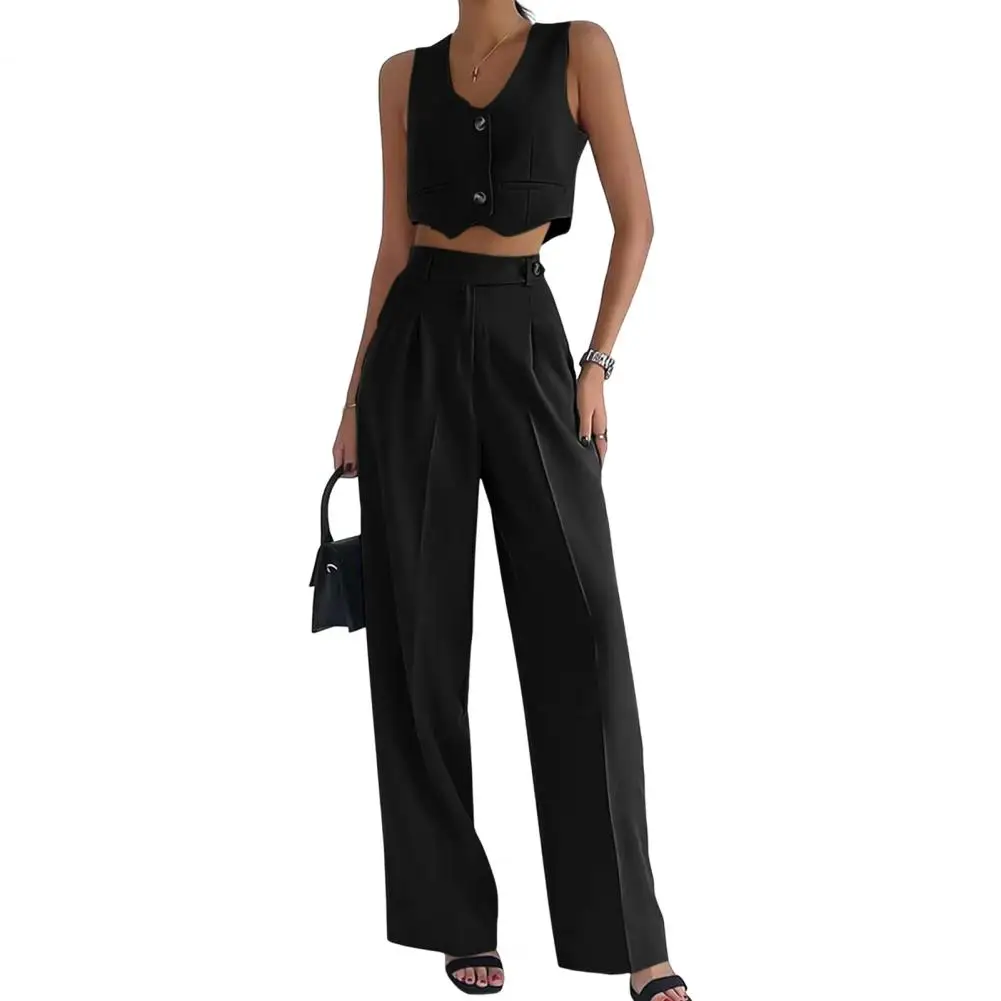 

Wide-leg Pant Suit Stylish Women's Vest Pants Set for Office Wear Sleeveless V Neck Crop Top with High Waist Straight Wide Leg