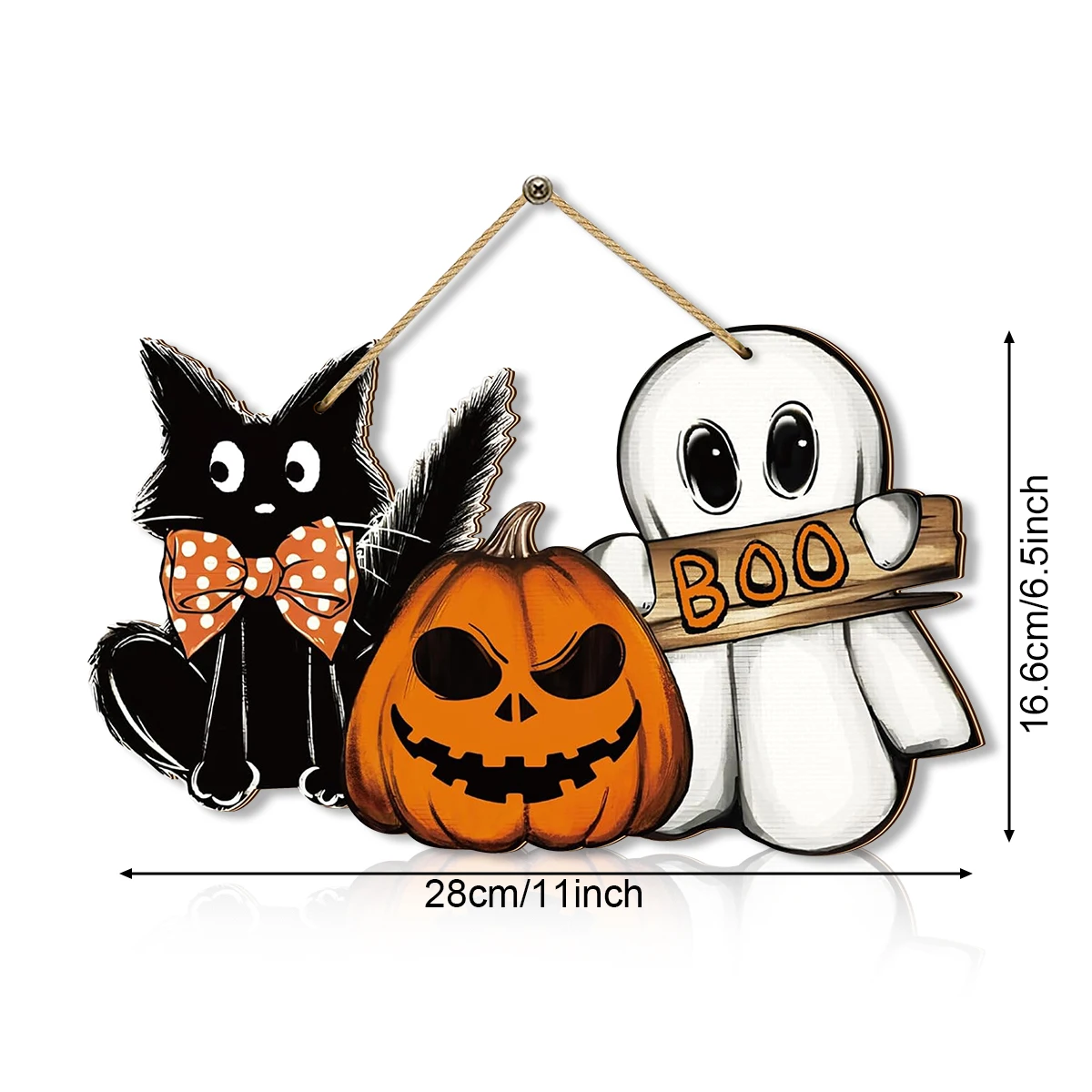 ديكور معلق على الحائط الخشبي للهالوين - قطة سوداء، يقطين وشبح مع علامة "بو"