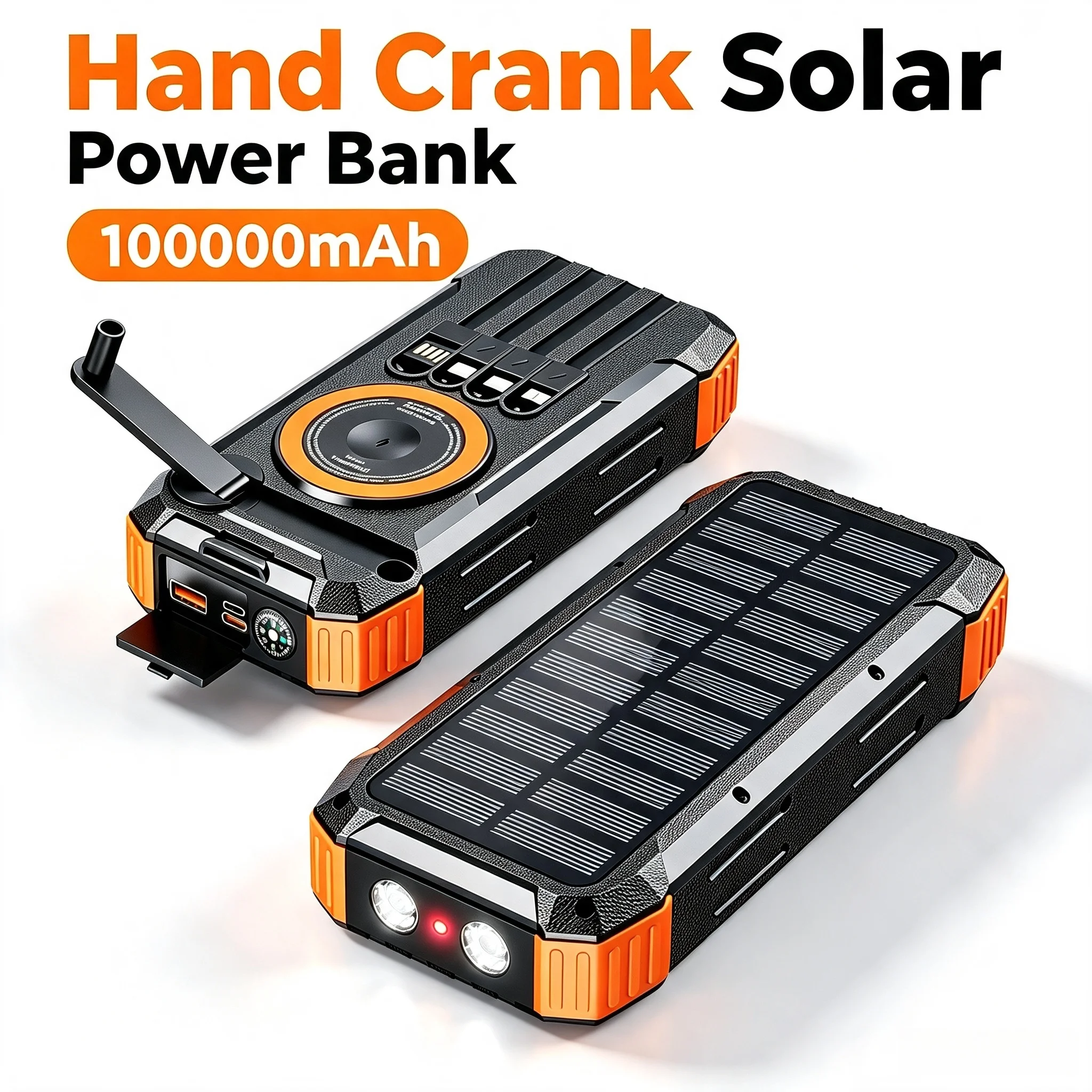 Hand Crank Generator Solar Power Bank High Capacity, Wireless Charger with 4 Built-in Cables, , LED Light for Outdoor Emergency