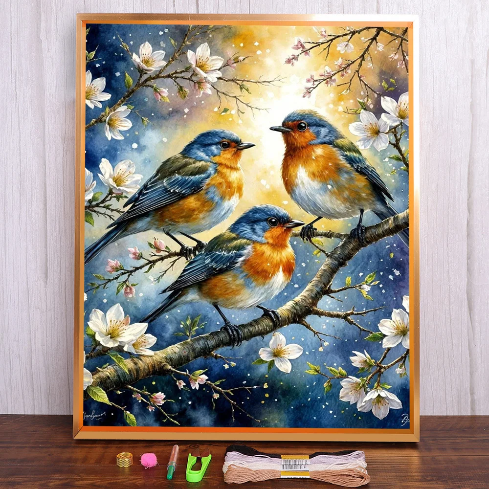 

Robin Bird Printed Cross Stitch Embroidery Complete Kit DMC Threads Knitting Handiwork Handicraft Sewing Room Decor Floss Needle