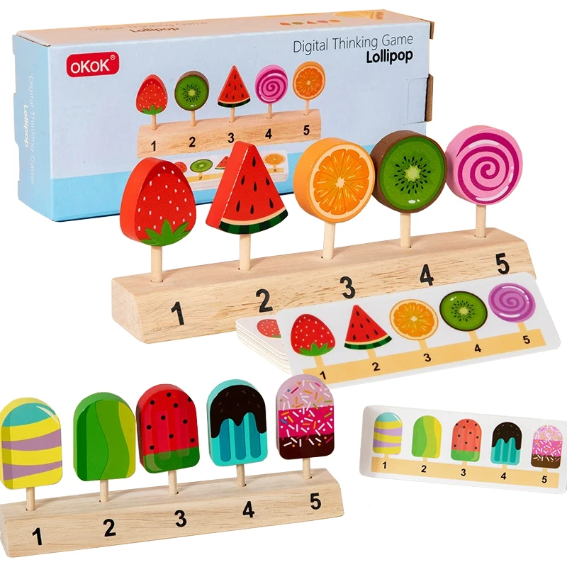 Kids Shape Color Sorting Board Game Toys Wooden Fruit Candy Ice Cream Matching Game Logical Thinking Training Pretend Food Toys